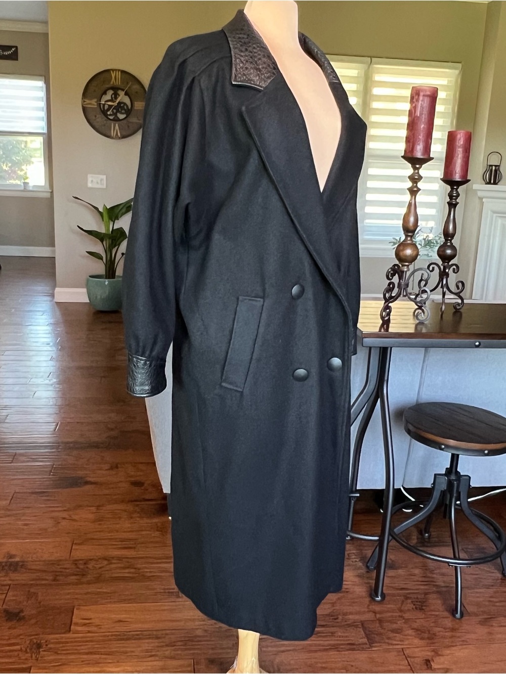 Vintage Havoc Black Wool Leather Trim Long Trench Coat USA Size 10 - Picture 7 of 15